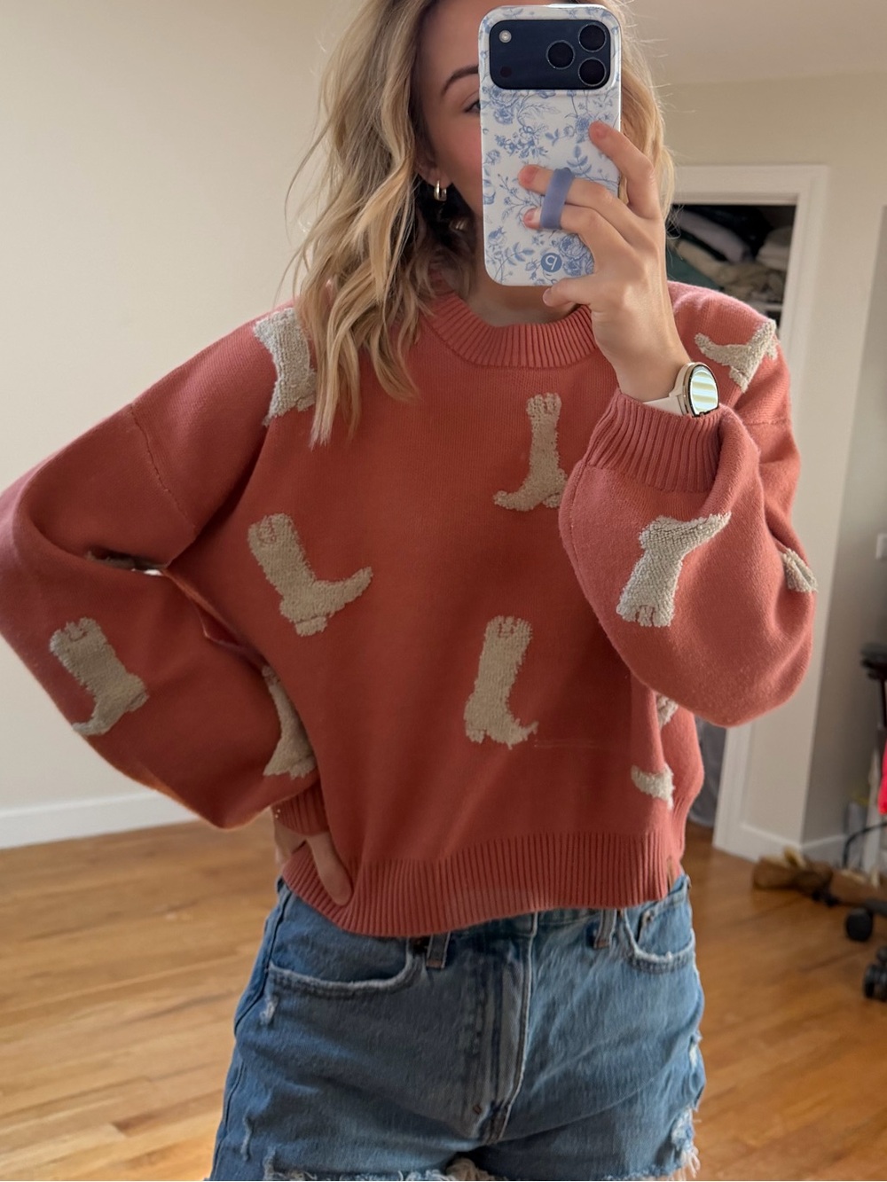Simply Southern Rust Crewneck Sweater with Cream Boot Motif